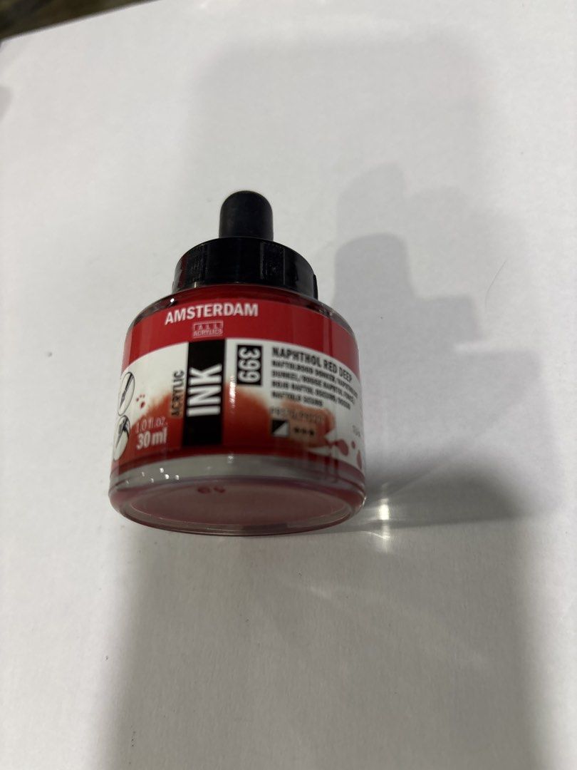 Amsterdam Acrylic Ink Naphthol Red Deep 30ml (Category: Makeup) located in Mandaluyong City. Submitted by clothescarousel (Listing ID 1468463331, Image 1). Description: - Brand: Amsterdam Acrylic Ink - Colour: Naphthol Red Deep (No. 399) - Volume: 30 ml / 1.0 fl oz - Condition: Full, unused, and clean - Features: Convenient dropper top cap attached - Ideal for: Painting, calligraphy, and mixed media art projects.