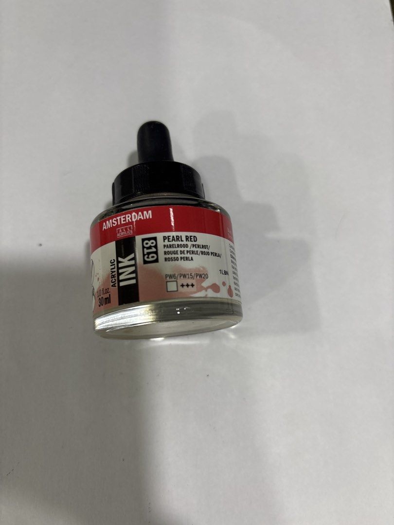 Amsterdam Acrylic Ink Pearl Red 819 30ml (Category: Craft Supplies & Tools) located in Mandaluyong City. Submitted by clothescarousel (Listing ID 1468463562, Image 1). Description: - Brand: Amsterdam Acrylic Ink - Shade: Pearl Red (819) - Size: 30ml glass bottle with dropper top - Condition: Plenty of ink left inside - Features: Richly pigmented with a stunning pearl finish - Ideal for: Painting, calligraphy, and mixed media projects.