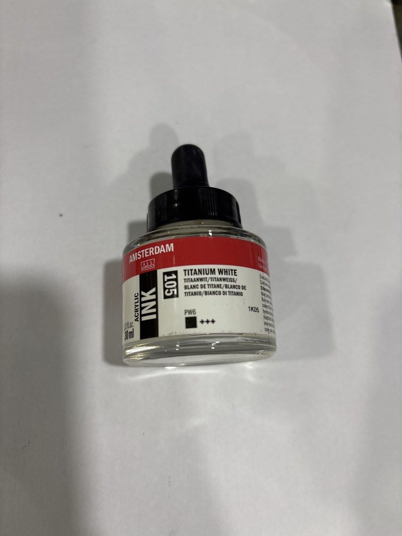 Amsterdam Acrylic Ink Titanium White 30ml 105 (Category: Craft Supplies & Tools) located in Mandaluyong City. Submitted by clothescarousel (Listing ID 1468462936, Image 1). Description: - Brand: Amsterdam Acrylic Ink - Color: Titanium White (Color No. 105) - Pigment Code: PW6 - Size: 30ml / 1.0 fl oz - Cap: Dropper cap attached - Condition: Full bottle, unopened, brand new.