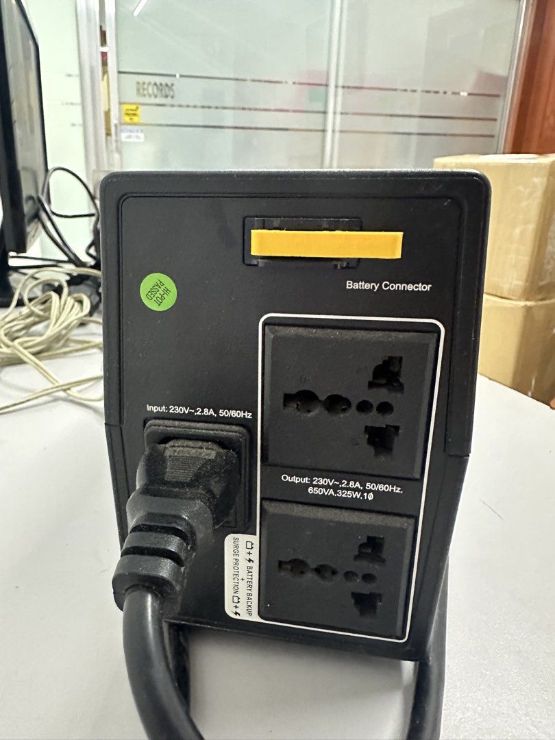 APC Back-UPS 650 BX650LI-MS Uninterruptible Power Supply (Category: Air Conditioning and Heating) located in Santa Rosa. Submitted by remini88 (Listing ID 1468296320, Image 3). Description: - Model: APC Back-UPS 650 (BX650LI-MS) - Capacity: 650VA / 325W (Input: 230V, 50/60Hz) - Outlets: 2 universal output sockets at the back - Features: Battery connector slot on top, standard power cable attached - Protection: Safeguards electronics against power