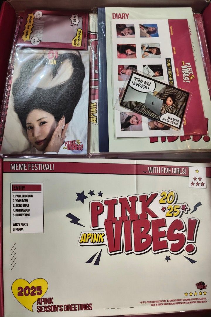 Apink Seasons Greetings 2025 (Category: K-Wave Merchandise) located in Porac. Submitted by vnicahy (Listing ID 1468484737, Image 1). Description: inclusions: out box wall calendar postcard calendar (12) diary mini photobook stamp sticker set meme sticker set (5) mini l holder (2) mop: gcash mod: jnt loc: pampanga.