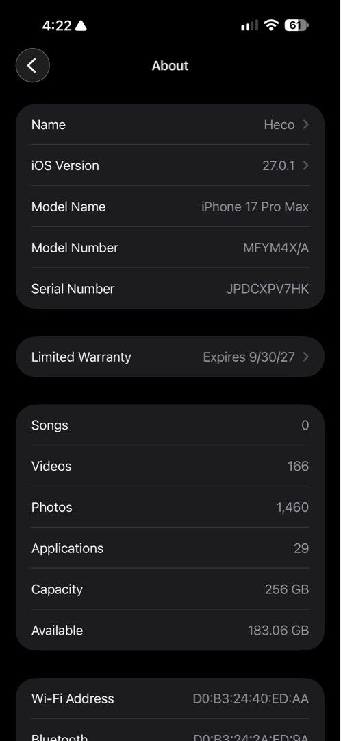 Apple iPhone 17 Pro Max 256GB Silver (Category: iPhone 17 Series) located in Iloilo. Submitted by heco2k1999542 (Listing ID 1468395123, Image 1). Description: IPhone 17 Pro Max in silver with 256GB storage capacity. Includes original retail box. Model number MFYM4X/A, serial number JPDCXPV7HK. Limited warranty active until September 30, 2027. Clean exterior, USB-C port at the bottom, triple camera setup on the rear. Fully functional device runnin