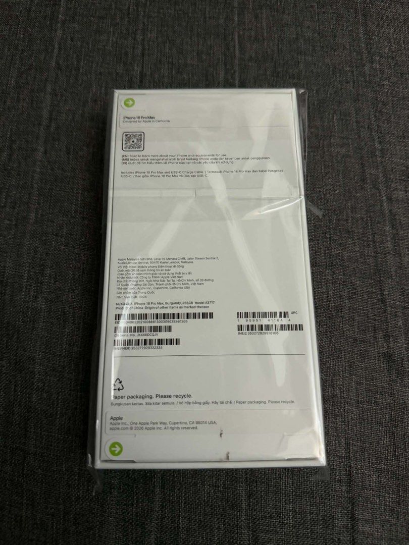 Apple iPhone 18 Pro Max Burgundy (Category: iPhone 18 Series) located in Makati City. Submitted by ajccapiral (Listing ID 1468421729, Image 2). Description: - Model: Apple iPhone 18 Pro Max - Storage Capacity: 256GB - Color: Burgundy - Condition: Brand new, factory sealed in original plastic wrap - Box: 100% unopened and untouched .