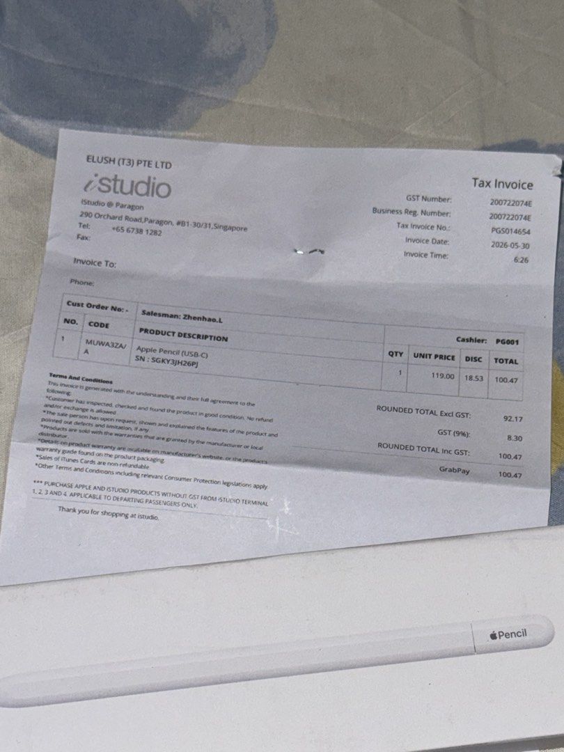 Apple Pencil USB-C (Category: Chargers & Cables) located in Manila. Submitted by limonsito (Listing ID 1468327103, Image 3). Description: - Apple Pencil with USB-C Charge Cable - Bought last May 30, 2026 at iStudio Singapore - Complete with all original packaging.