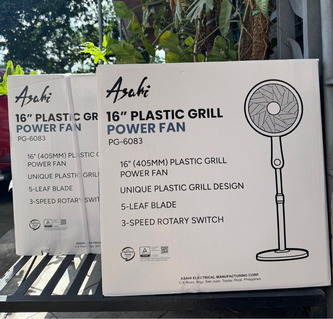 Asahi 16" Plastic Grill Power Fan PG-6083 (Category: Fans) located in Manila. Submitted by kisshadg23 (Listing ID 1468286998, Image 1). Description: Asahi power fan, model PG-6083. 16-inch size with plastic grill design. 5-leaf blade setup inside. 3-speed rotary switch located on the stand. Thermal fuse included for safety. Still inside the original cardboard box..