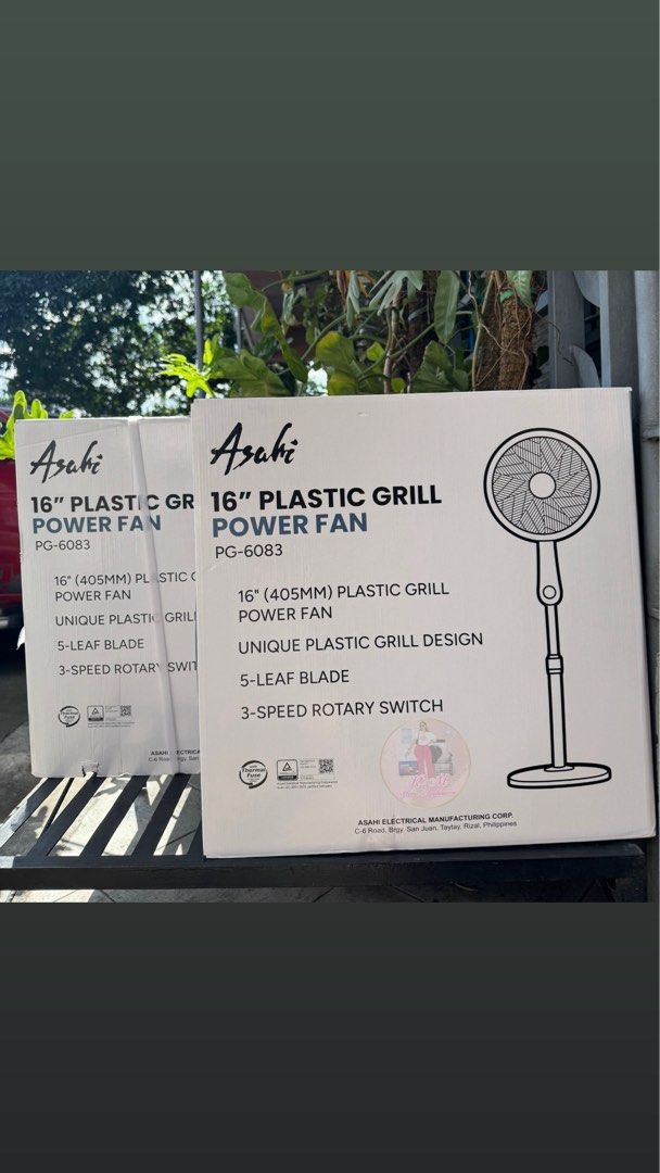 Asahi 16" Plastic Grill Power Fan PG-6083 (Category: Fans) located in Manila. Submitted by kisshadg23 (Listing ID 1468286998, Image 2). Description: Asahi power fan, model PG-6083. 16-inch size with plastic grill design. 5-leaf blade setup inside. 3-speed rotary switch located on the stand. Thermal fuse included for safety. Still inside the original cardboard box..