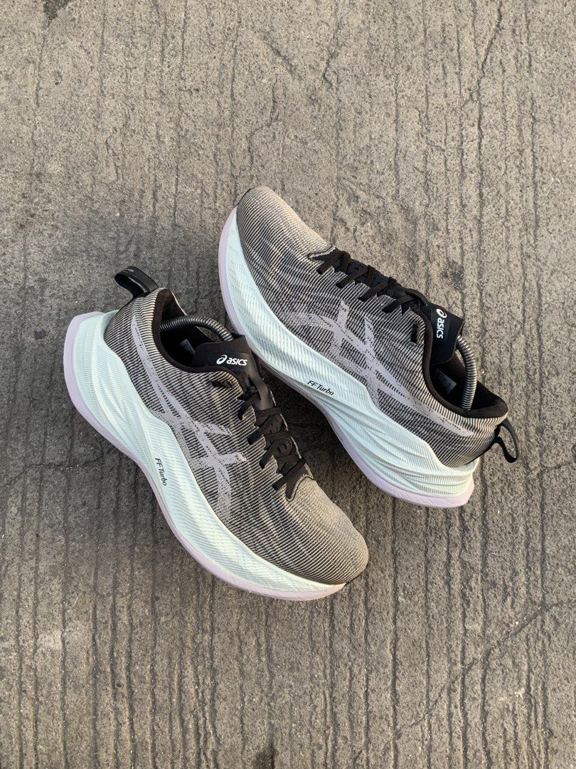 ASICS Superblast Running Shoes (Category: Sneakers) located in Cavite. Submitted by thriftkicks3 (Listing ID 1468368245, Image 1). Description: - Model: ASICS Superblast - Colorway: Grey and Black with black laces - Cushioning: High-performance FF Turbo midsole visible - Upper: Breathable mesh for maximum airflow - Extras: Includes shoe trees to keep shape intact - Ideal For: Long-distance runs and daily training miles - Condition: Carefully main