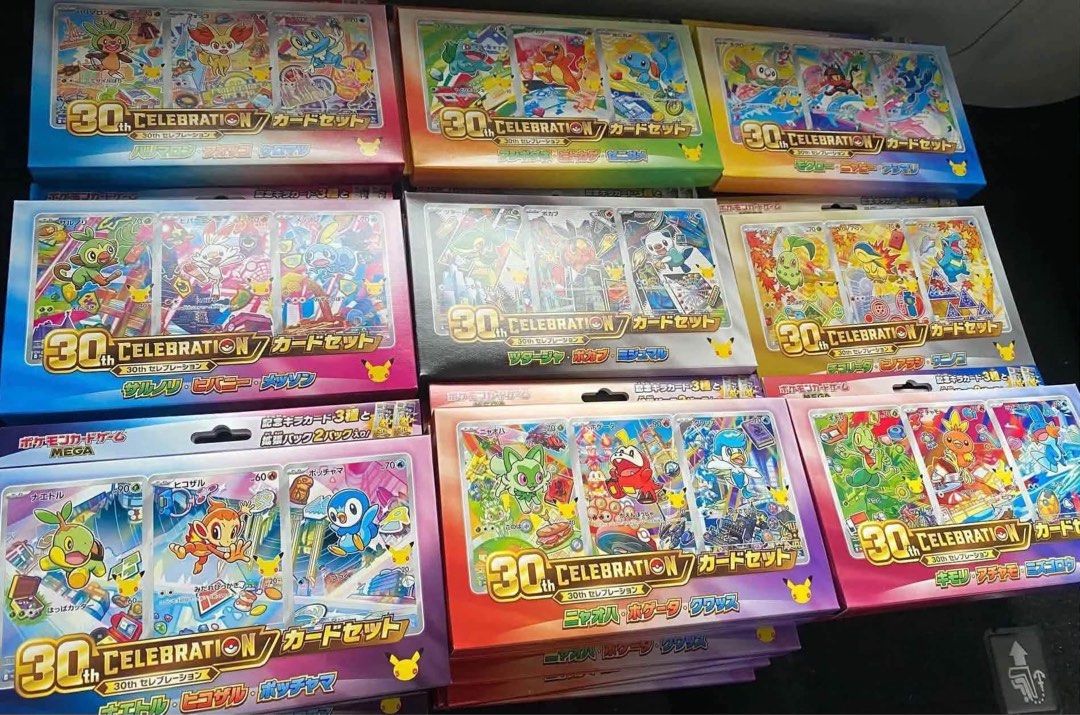 Assorted characters SIR (Category: Raw Singles) located in Caloocan City. Submitted by grandfish.6910ef (Listing ID 1468320898, Image 1). Description: - Authentic Pokémon 30th Celebration card sets - Massive collection of regional starter boxes stacked up and ready - Includes Kanto, Johto, Hoenn, Sinnoh, Unova, Kalos, Alola, Galar, and Paldea starters (Bulbasaur, Charmander, Squirtle, Torchic, Froakie, Sprigatito, and more!) - 100% factory sealed