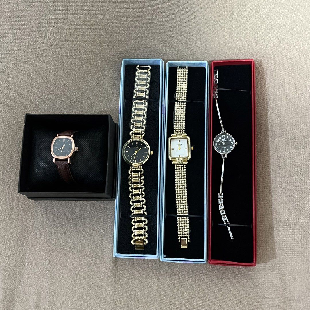 Assorted Ladies Watches Collection With Boxes (Category: Women's Watches) located in Caloocan City. Submitted by iamqwertyy (Listing ID 1468288433, Image 1). Description: - Set of 4 gorgeous ladies' watches with boxes included - 1x Slim silver-tone bracelet watch in a red box - Ideal for daily wear, outfit pairing, or gifting -with free box ~ non-tarnish with proper care and maintenance ~ battery operated - for take all 4 pcs watches .