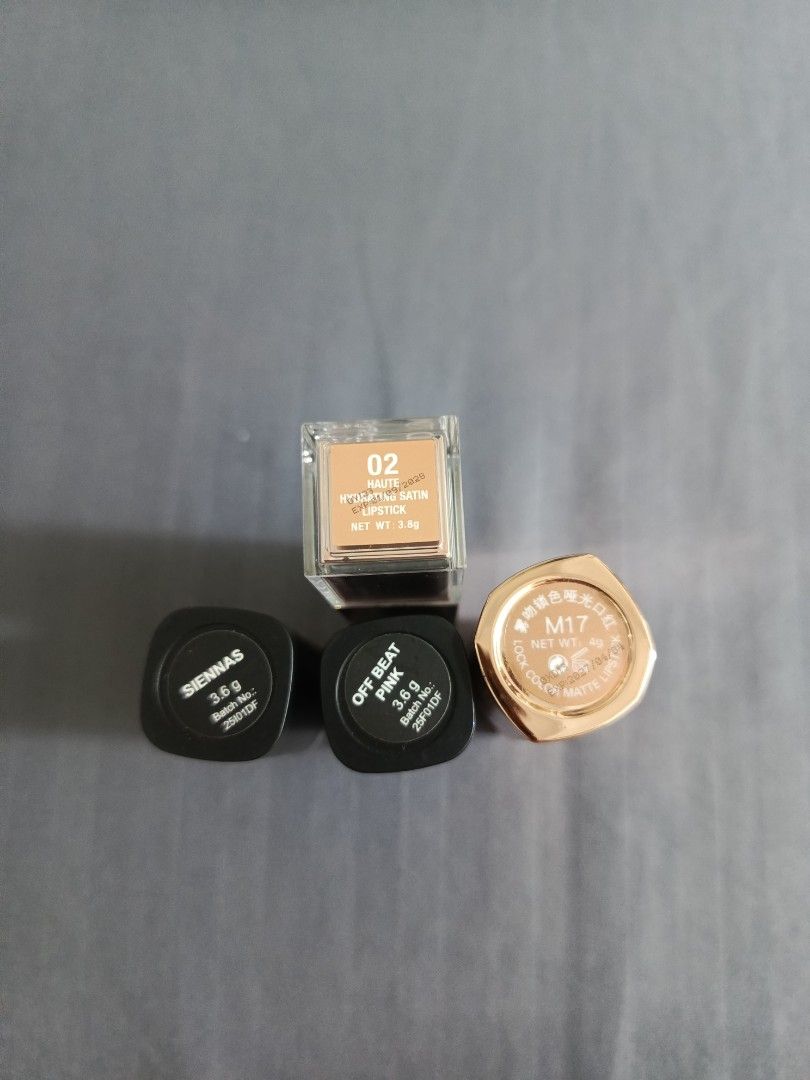 BUNDLE SALE: EVER BILENA O.TWO.O LIPSTICK (Category: Makeup) located in Manila. Submitted by raxxx17 (Listing ID 1468308896, Image 3). Description: - Set of 4 lipsticks in varied shades (nudes, pinks, and browns) - Includes: * O.TWO.O Hpaute Hydrating Satin Lipstick (Shade 02) * O.TWO.O Matte Lipstick (Shade M17) * Matte Lipstick in Off Beat Pink * Matte Lipstick in Siennas - Net Weight: 3.6g to 4g per lipstick - Features both satin and matte fin