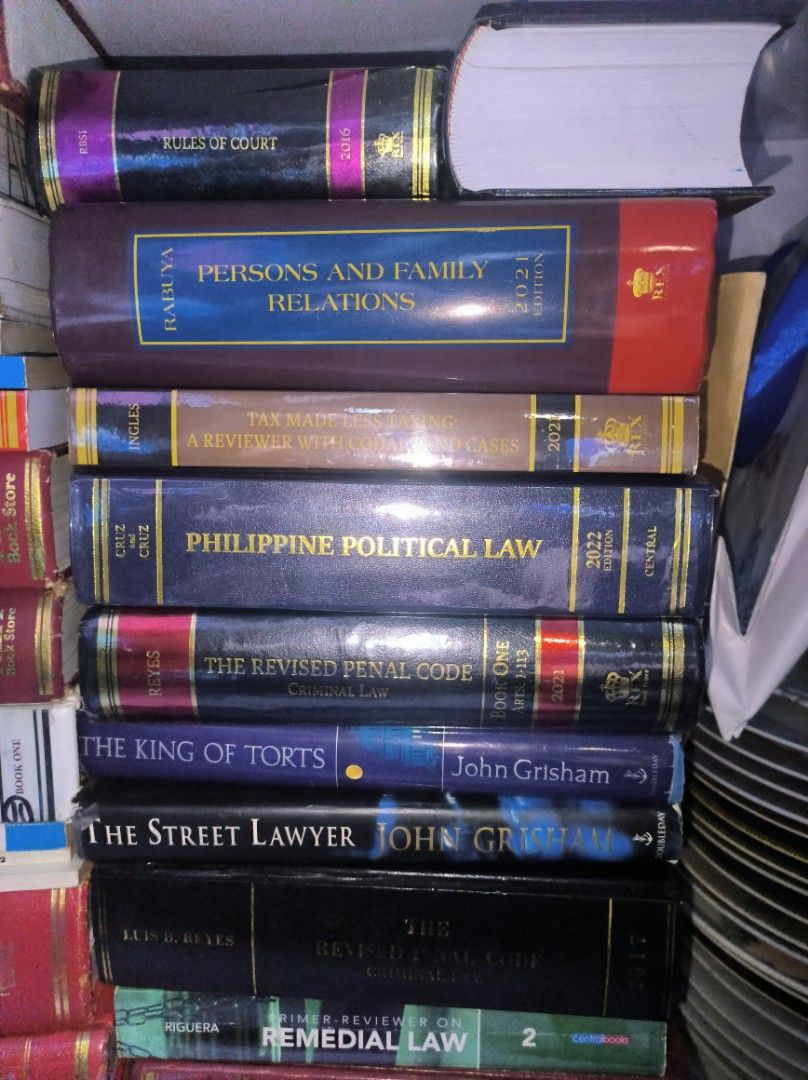 Assorted Philippine Law Books and Codals (Category: Textbooks) located in Manila. Submitted by silent_vonachiles (Listing ID 1468323964, Image 2). Description: - Complete law book bundle for students and bar reviewees - Includes Azucena Labor Code, Reyes Revised Penal Code, and Ingles Tax Made Less Taxing - Features various Civil Law reviewers and codals - Published by trusted legal publishers Rex Book Store and Central Books - Essential referenc