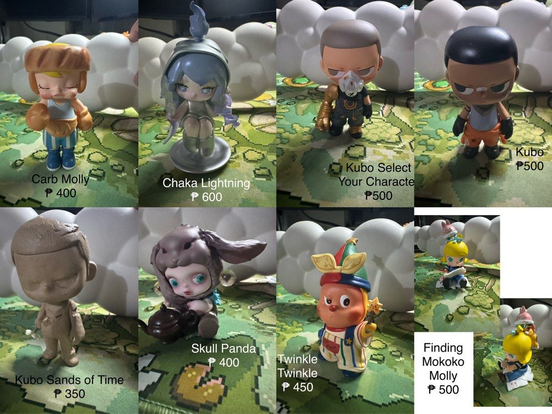 Assorted Pop Mart Blind Box Figures (Category: Designer & Blind Box Toys) located in Pasig City. Submitted by pmlmri (Listing ID 1468480895, Image 1). Description: - Authentic Pop Mart blind box figures available - Featured characters: Kubo, Skull Panda, Chaka, Twinkle and Molly - Take All Price ₱3,000 - Individual Prices: ₱350 to ₱600 per piece (refer to individual photos) RFS: In need of funds Mode of Payment: Gotyme/BPI/Gcash Mode of Shipping: