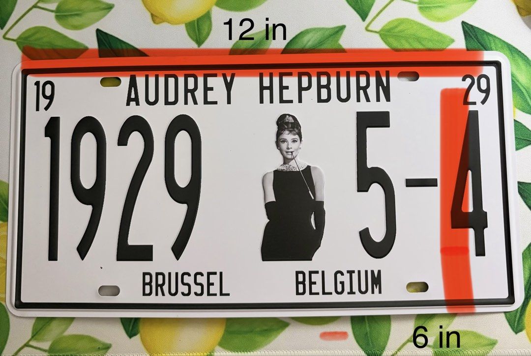 Audrey Hepburn Decorative License Plate (Category: Vintage Collectibles) located in Quezon City. Submitted by tflquezoncity (Listing ID 1468419532, Image 3). Description: ❤️ Audrey Hepburn Collectible 😍 ❤️ Mint condition 10/10 ❤️ Sturdy metal construction with embossed lettering and graphics ❤️ Standard 12 inches by 6 inches ❤️ Installation: Convenient pre-drilled mounting holes in the top and bottom corners ❤️ Back: Vintage-y silver back surfac