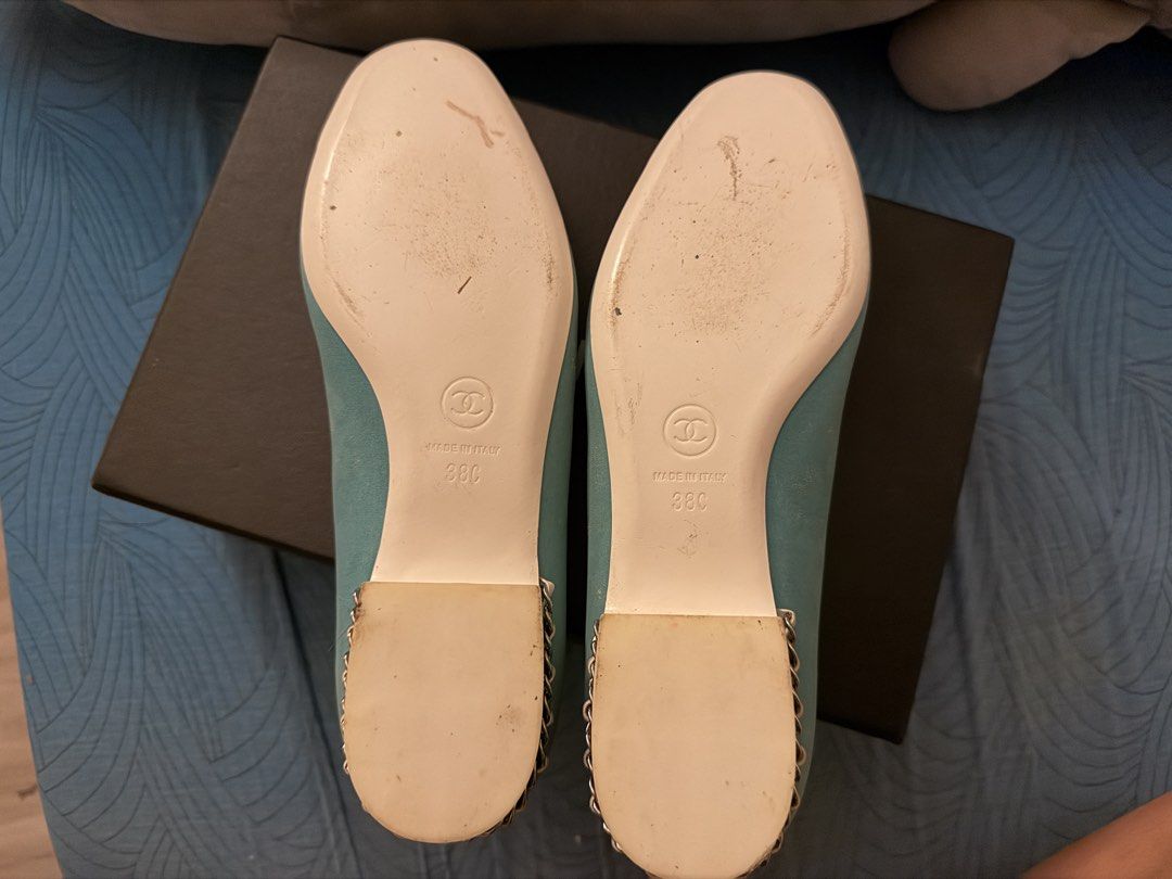 Authentic Chanel Cap-Toe Chain Ballet Flats (Category: Flats & Sandals) located in Marikina City. Submitted by saltedcc (Listing ID 1468461540, Image 2). Description: Authentic Chanel Cap-Toe Chain Ballet Flats — Turquoise & Cream, EU 38C 💙 Stunning two-tone design: soft turquoise suede with a classic cream patent leather cap toe. Features the iconic interwoven chain detail on the low block heel — elegant, timeless, and comfortable! Made in Ital
