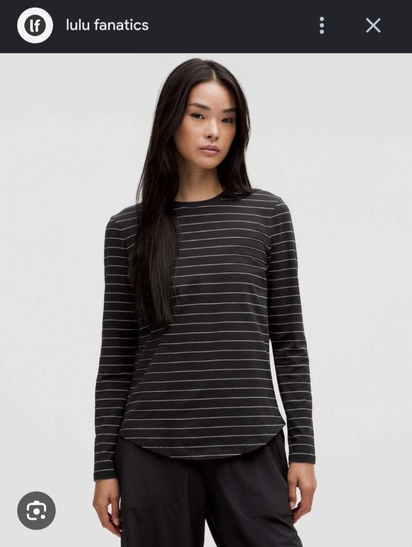 💯Authentic Lululemon Long-Sleeve 🫰 (Category: Activewear) located in Pozorrubio. Submitted by infinite_grind_0.1 (Listing ID 1468375282, Image 1). Description: 💯Authentic Lululemon Long-Sleeve 🫰 ₱950 Description: ✨ Product Details: • Size: Tagless (Fits like a Men's Small to Slim Medium / Women's Medium to Large. • Flat measurements: pit to pit:20 / L: 25 • Design: Crew neck with a classic rounded curved hemline • Color: Black and White Strip