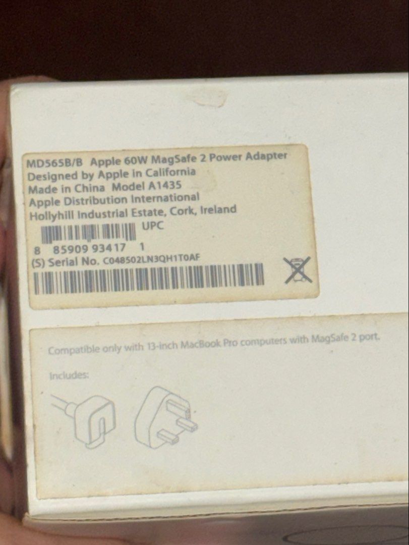 AUTHENTIC MACBOOK CHARGER (60W MAGSAFE 2 POWER ADAPTOR) (Category: Chargers) located in Batangas. Submitted by bel_m24 (Listing ID 1468289086, Image 3). Description: PLS BUY AT YOUR OWN RISK. This charger has never been used. It was purchased in Saudi Arabia years ago, so there is no receipt. Unfortunately, the MacBook broke before we could test whether the charger was working. COMPATIBLE: - MacBook Pro Models (13-inch Retina) - MacBook Pro (Reti