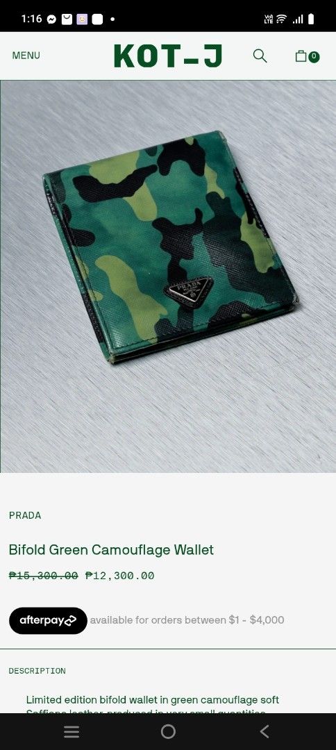 Authentic Prada Saffiano Camouflage Bifold Wallet (Category: Luxury Bags & Wallets) located in Manila. Submitted by anvicnicajeff (Listing ID 1468457979, Image 2). Description: - Brand: Prada -Authentic - Style: Bifold wallet - Material: Saffiano leather with black camouflage pattern - Hardware: Iconic silver-tone metal triangle logo - Interior: Multiple card slots and bill compartment with 'Made in Italy' tag - Condition: Shows normal wear aroun