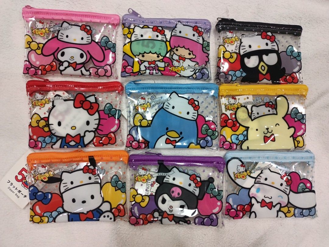 Authentic Sanrio Character Flat Vinyl Zipper Pouch (Category: Purses & Pouches) located in Manila. Submitted by jollynest24 (Listing ID 1468440458, Image 1). Description: - Authentic Sanrio flat vinyl zipper pouch from Japan featuring popular characters like Hello Kitty, My Melody, Cinnamoroll, Kuromi, Pochacco, Pompompurin, and Little Twin Stars - Transparent and semi-transparent designs accented with playful polka dots and vibrant character ill