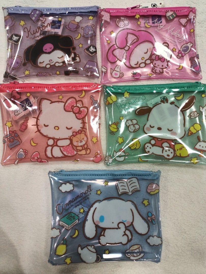 Authentic Sanrio Character Flat Vinyl Zipper Pouch (Category: Purses & Pouches) located in Manila. Submitted by jollynest24 (Listing ID 1468440458, Image 2). Description: - Authentic Sanrio flat vinyl zipper pouch from Japan featuring popular characters like Hello Kitty, My Melody, Cinnamoroll, Kuromi, Pochacco, Pompompurin, and Little Twin Stars - Transparent and semi-transparent designs accented with playful polka dots and vibrant character ill