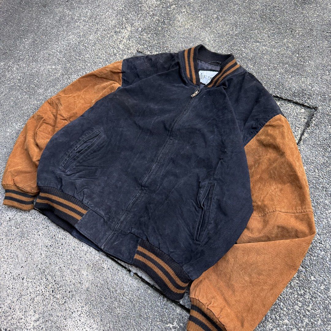 Avalanche Vintage Suede Bomber Jacket Black Brown (Category: Coats, Jackets and Outerwear) located in Manila. Submitted by marx_g (Listing ID 1468383553, Image 2). Description: - Brand: Avalanche - Type: Suede Bomber Jacket - Size: XL (Pit-to-Pit: 27", Length: 28") - Color: Black body with contrast brown sleeves - Details: Striped ribbed collar, cuffs, and hem, front zip closure, two side welt pockets, and inner lining - Condition: Excellent read