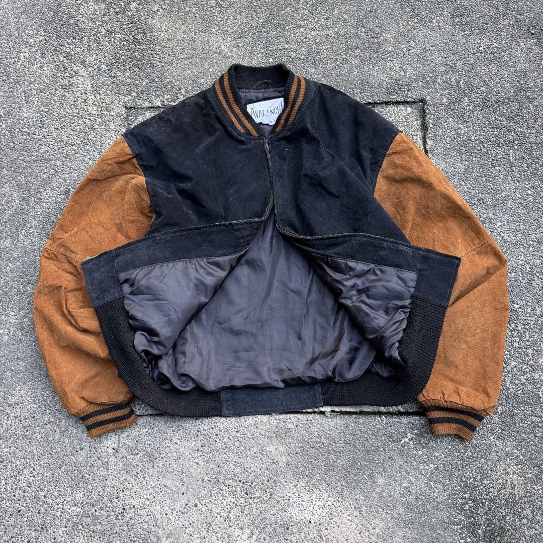 Avalanche Vintage Suede Bomber Jacket Black Brown (Category: Coats, Jackets and Outerwear) located in Manila. Submitted by marx_g (Listing ID 1468383553, Image 3). Description: - Brand: Avalanche - Type: Suede Bomber Jacket - Size: XL (Pit-to-Pit: 27", Length: 28") - Color: Black body with contrast brown sleeves - Details: Striped ribbed collar, cuffs, and hem, front zip closure, two side welt pockets, and inner lining - Condition: Excellent read
