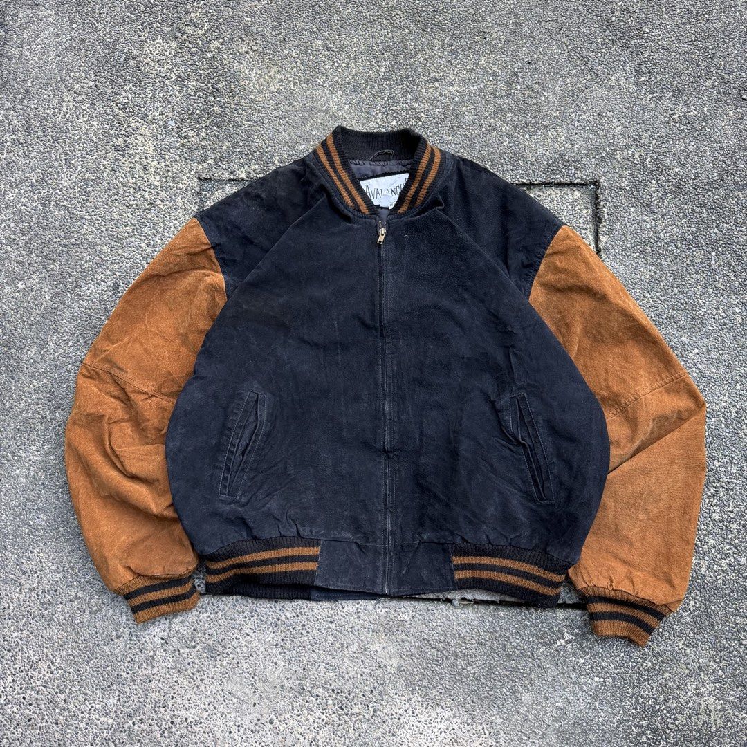 Avalanche Vintage Suede Bomber Jacket Black Brown (Category: Coats, Jackets and Outerwear) located in Manila. Submitted by marx_g (Listing ID 1468383553, Image 1). Description: - Brand: Avalanche - Type: Suede Bomber Jacket - Size: XL (Pit-to-Pit: 27", Length: 28") - Color: Black body with contrast brown sleeves - Details: Striped ribbed collar, cuffs, and hem, front zip closure, two side welt pockets, and inner lining - Condition: Excellent read