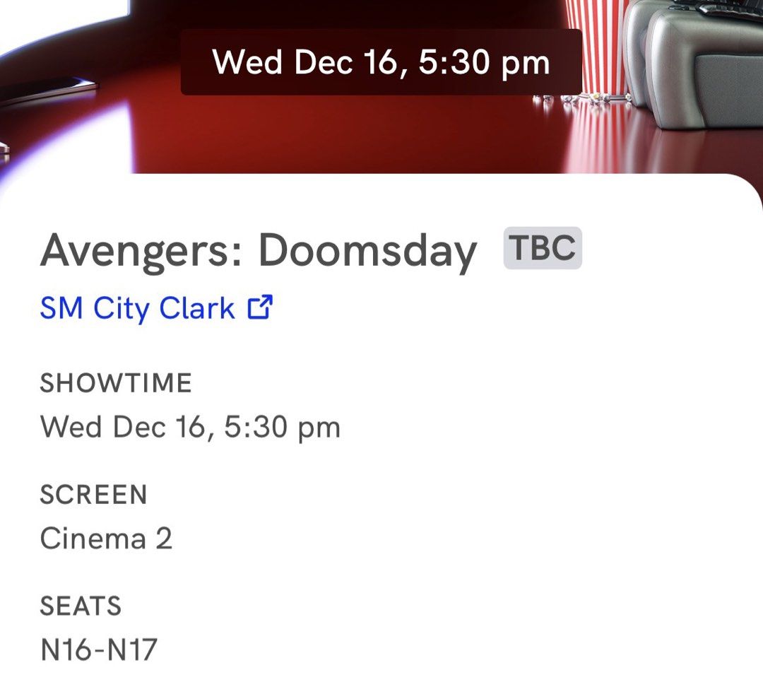 Avengers: Doomsday SM City Clark (Category: Events Tickets) located in Cabanatuan. Submitted by wompywompy (Listing ID 1468360262, Image 1). Description: srp: 720 rfs: sa nearer mall nalang manonood.