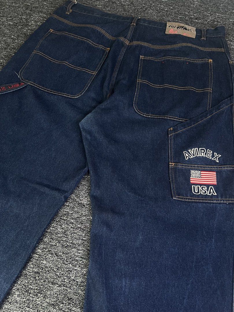 Avirex Baggy Carpenter Pants (Category: Jeans) located in Manila. Submitted by thrifty.4pp4rels (Listing ID 1468430020, Image 2). Description: Shipping fee shouldered by the buyer Issues: Faded back tab Minimal fading on crotch area Measurements: W 40 L 45 Thigh 15.5 Hem 10.5.