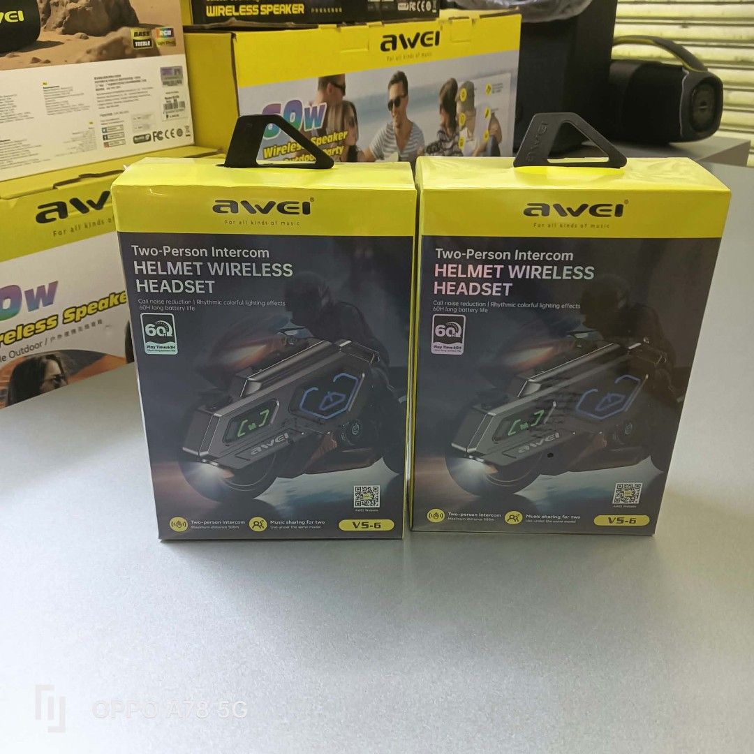 Awei VS-6 Two-Person Intercom Helmet Wireless Headset 1500 each (Category: Headphones & Headsets) located in Manila. Submitted by iliasjen3082126 (Listing ID 1468336764, Image 1). Description: - Brand new, unopened Awei VS-6 helmet wireless headset units - Two-person intercom setup with up to 500 meters range - Built-in music sharing functionality and call noise reduction - Cool rhythmic colorful lighting effects - Long-lasting battery of up to 6