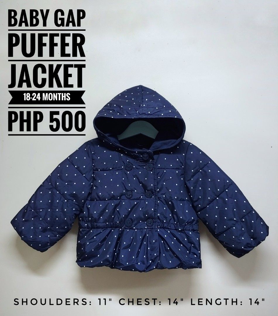 Baby Gap Puffer Jacket 18-24 Months (Category: Babies & Kids Fashion) located in Dagupan City. Submitted by upforgrabs2400 (Listing ID 1468430668, Image 1). Description: Baby Gap Puffer Jacket - Size: 18-24 months - Measurements: Shoulders 11" | Chest 14" | Length 14" - Color/Pattern: Navy blue with white polka dots - Features: Cozy attached hood, warm fleece lining, and double-breasted button closure.