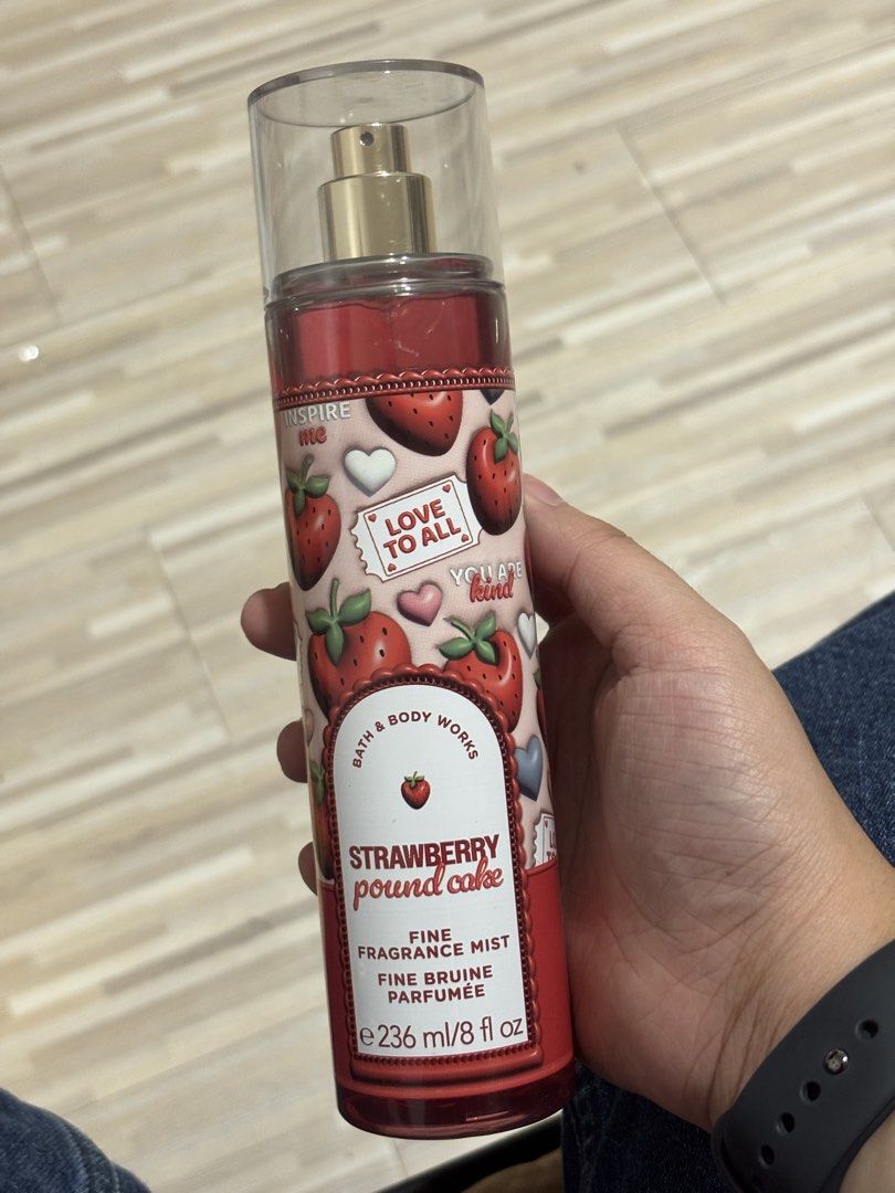 Bath & Body Works Mist (Category: Fragrance & Deodorants) located in Marikina City. Submitted by bukodtangi.ph (Listing ID 1468401389, Image 1). Description: - Brand: Bath & Body Works - Product: Fine Fragrance Mist - Scent: Strawberry Pound Cake (Fresh strawberries, golden shortcake, whipped cream) - Volume: 236 ml / 8 fl oz - Condition: Brand new, 100% full fill level - Packaging: Festive red and white design with strawberry graphics - Guarante