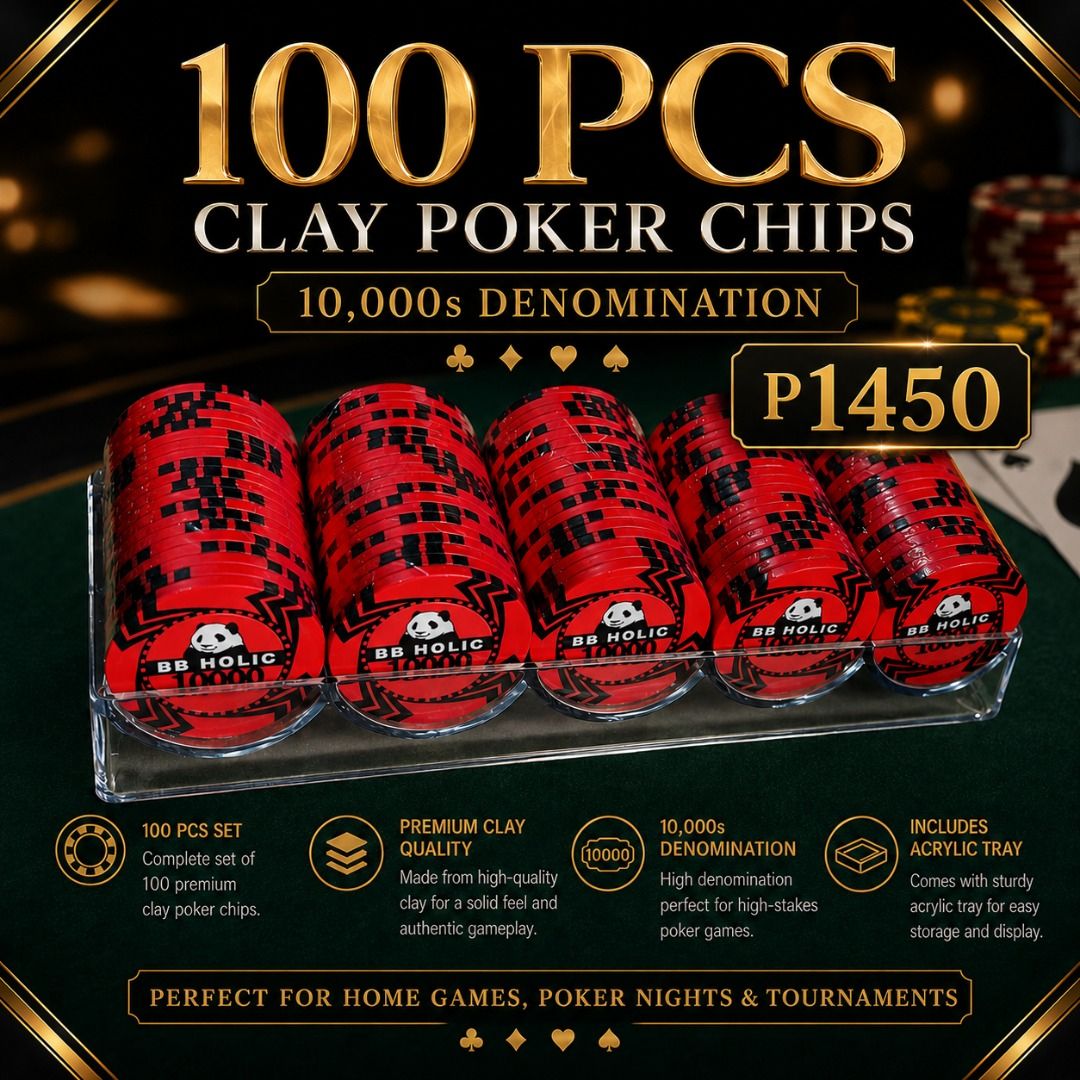 100 pcs BB HOLIC Poker Chips with Acrylic Tray (Category: Board Games & Puzzles) located in Quezon City. Submitted by vdecks (Listing ID 1468290063, Image 2). Description: These loose chips are ideal for casino themed parties, birthdays, weddings, corporate events, photo booths, stage productions, game nights, movie props, bar displays, and decorative setups. Please take note that these are loose poker chips sold as-is. Only the 10,000 denominati