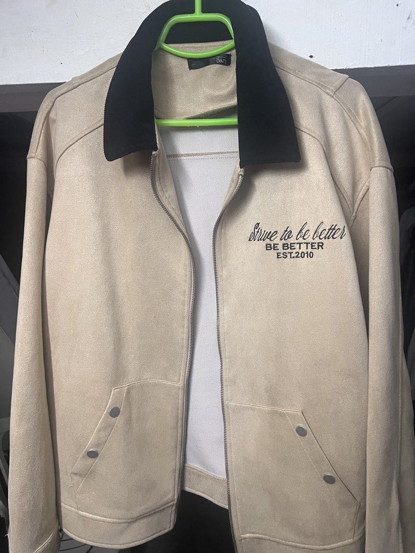 Beige Suede Jacket with Black Collar (Category: Coats, Jackets and Outerwear) located in Manila. Submitted by delacruzjo33043 (Listing ID 1468427300, Image 1). Description: Suede Jacket Large and fits perfectly for 5'10 guy Perfectly good condition Negotiable .