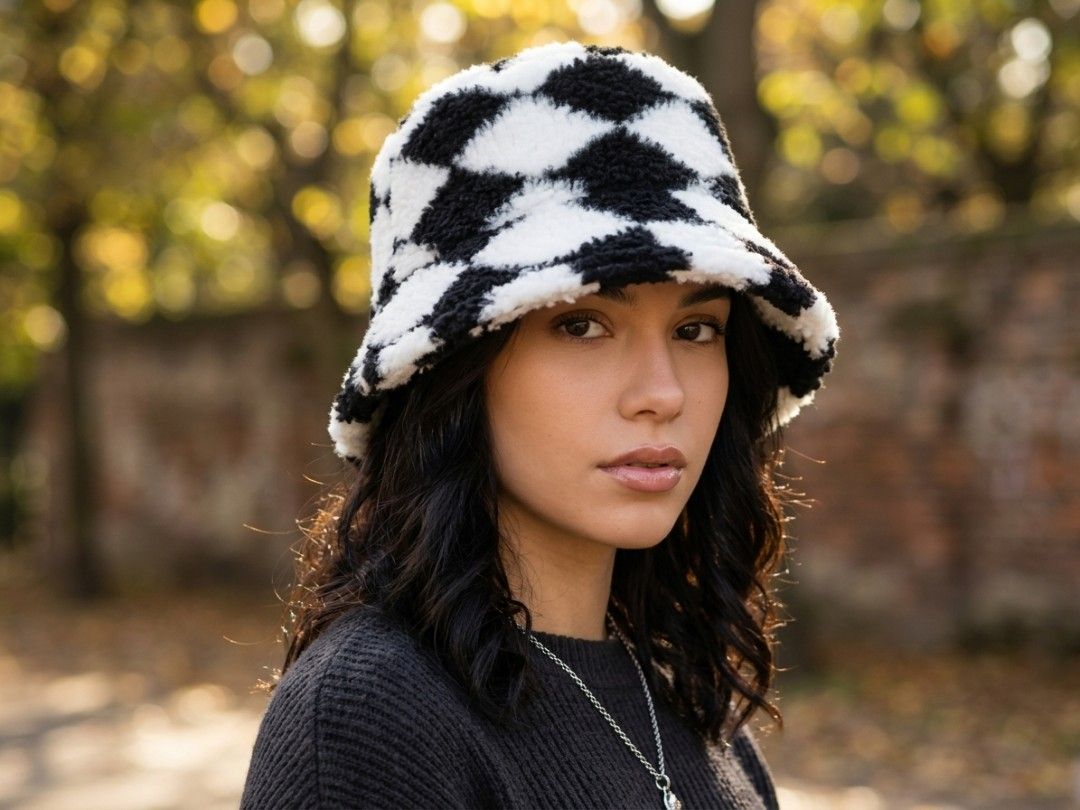 Black & White Checkered Fuzzy Bucket Hat (Category: Hats & Beanies) located in Binangonan. Submitted by yuristalin888 (Listing ID 1468287870, Image 1). Description: Add a bold touch to your casual style with this black and white checkered bucket hat. Featuring a soft, fluffy textured fabric, a classic bucket silhouette, and a comfortable black inner lining, it’s a stylish accessory for streetwear, everyday outings, and cool-weather looks..