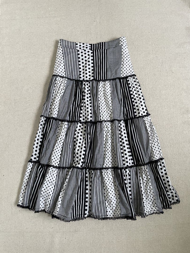 Black and White Patterned Tiered Skirt (Category: Skirts) located in Davao. Submitted by re.createph (Listing ID 1468449023, Image 1). Description: - Brand: Aimilan Boutique - a tiered patchwork design mix of polka dots, vertical stripes, and plaid in classic black and white Waist: 27-28” Length: 29”.