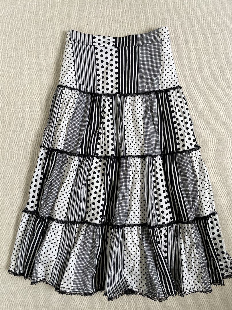 Black and White Patterned Tiered Skirt (Category: Skirts) located in Davao. Submitted by re.createph (Listing ID 1468449023, Image 3). Description: - Brand: Aimilan Boutique - a tiered patchwork design mix of polka dots, vertical stripes, and plaid in classic black and white Waist: 27-28” Length: 29”.