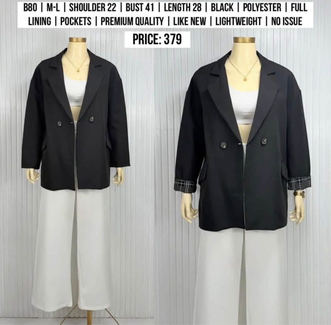 BLACK BLAZER | M-L (Category: Coats, Jackets and Outerwear) located in Manila. Submitted by superizza (Listing ID 1468478854, Image 1). Description: 🌻Location: Paco, Manila. No physical store 🌻Mannequin estimated height: 5’4 🌻Mqnnequin size: Small 🌻Mannequin waist: 23” 🌻Mannequin thigh circumference: 36” 🌻Items are already washed and front steamed, pwede na suotin if di ka maselan. 🌻All items are thrifted (from ukay bales) unless stated as