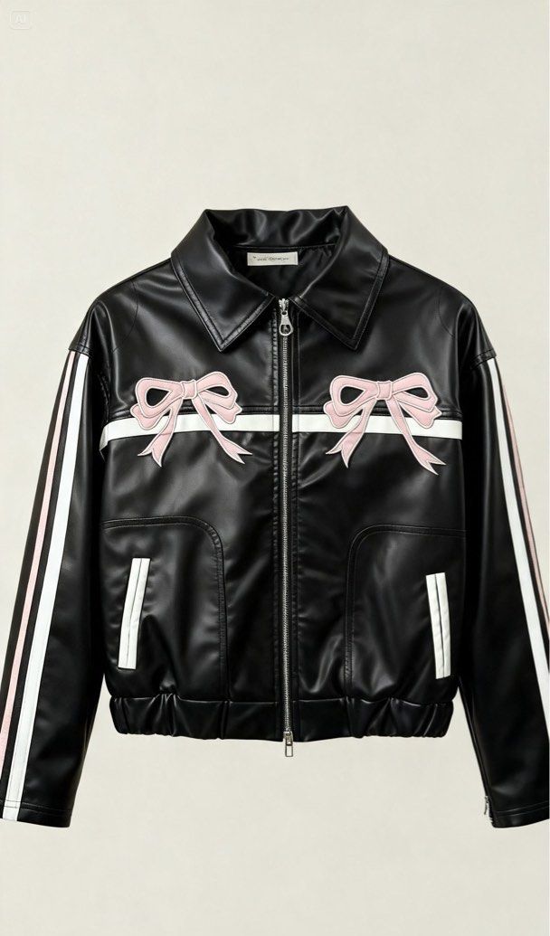 Black Faux Leather Jacket with pink bow (Category: Coats, Jackets and Outerwear) located in Marikina City. Submitted by phelinky_finds (Listing ID 1467536085, Image 1). Description: 🛍️ DESCRIPTION: - Brand: Fudge Rock -Size: from small to medium - Material: Black faux leather (fully lined) - Design details: White piping, pink bow appliqués, and white/pink striped sleeves - Features: Zip-up front, collared neck, two front-trimmed pockets, and sle