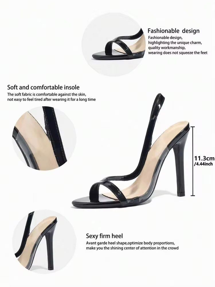 Black Patent Clear Strap High Heels Stilettos (Category: Heels) located in Cagayan de Oro. Submitted by elviecup (Listing ID 1468419917, Image 2). Description: Brand new black patent heels with clear PVC panels, an open toe, and a chic slingback design. Heel height is 11.3 cm. Never worn and still comes with original stuffing!.