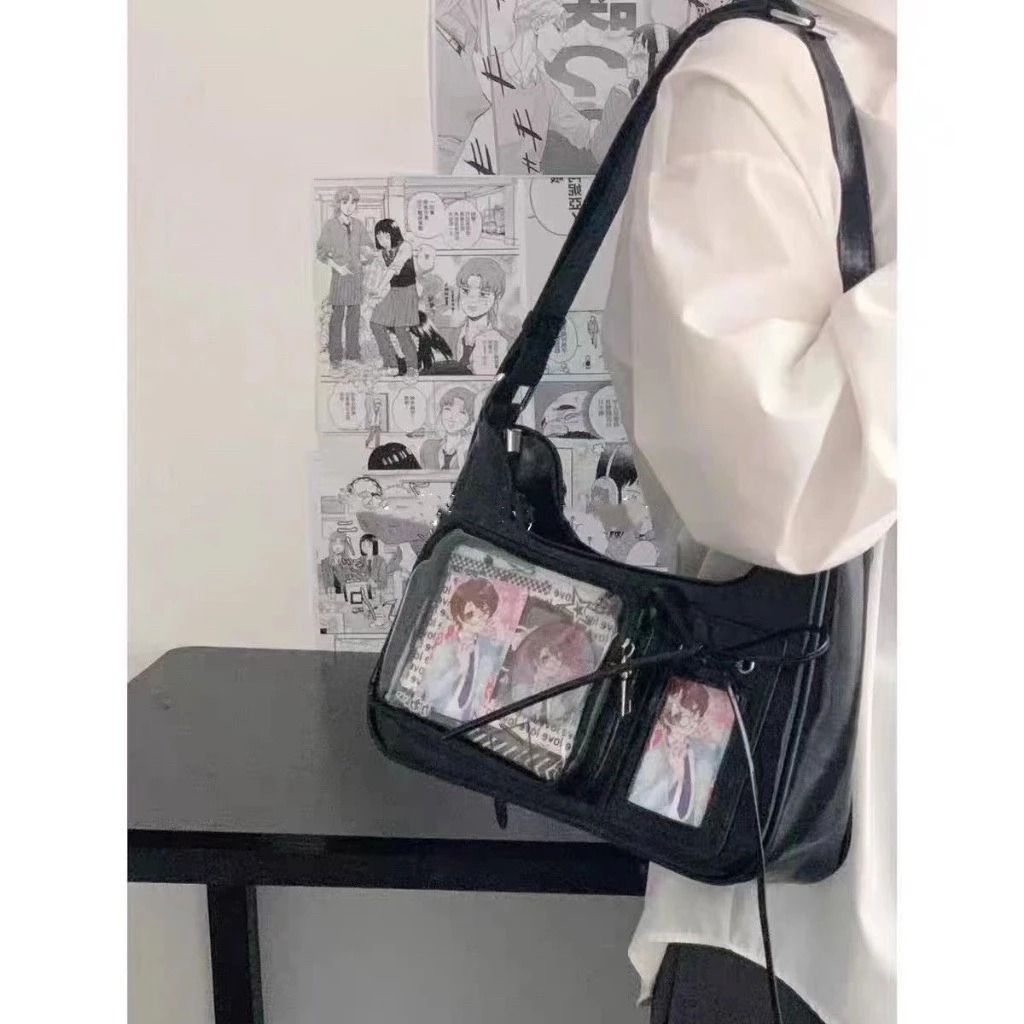 Black PU Leather Small Ita Bag (Category: Shoulder Bags) located in Pateros City. Submitted by taeja-vu (Listing ID 1468332289, Image 1). Description: Material: PU Leather Honest Flaws: Fraying ends on the inner fabric. Factory issue, temporarily resolved with safety pins. Overall condition: 8/10, no scratches or flaws in the zipper or adjustable strap. MOP: Gcash / Maribank (payo! buyer shoulders sf/hf) MOD: Lalamove, J&T, Meetup. .