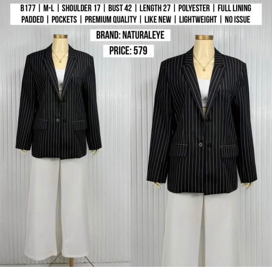 BLACK STRIPES BLAZER | M-L (Category: Coats, Jackets and Outerwear) located in Manila. Submitted by superizza (Listing ID 1468478791, Image 1). Description: 🌻Location: Paco, Manila. No physical store 🌻Mannequin estimated height: 5’4 🌻Mqnnequin size: Small 🌻Mannequin waist: 23” 🌻Mannequin thigh circumference: 36” 🌻Items are already washed and front steamed, pwede na suotin if di ka maselan. 🌻All items are thrifted (from ukay bales) unless s