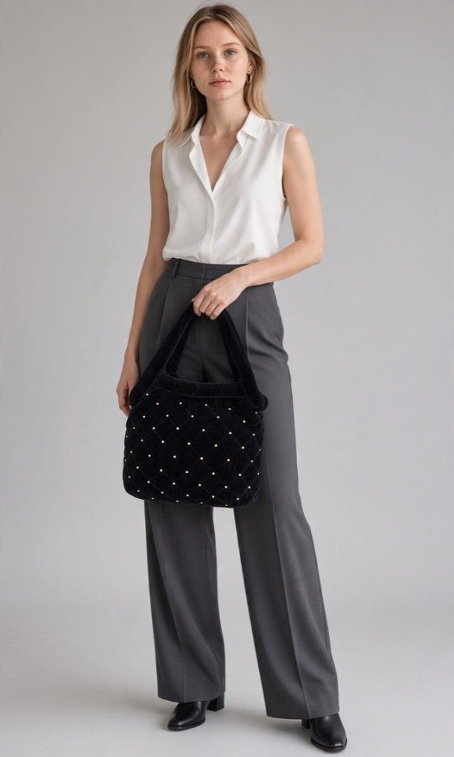BLACK VELVET STUDDED TOTE BAG (Category: Tote Bags) located in Las Pinas. Submitted by annachiaonair2037 (Listing ID 1468346642, Image 1). Description: BLACK VELVET STUDDED BAG FROM JAPAN WITH MESH DRAWSTRING TO SECURE BELONGINGS MAGNETIC SNAP.CLOSURE LINT ROLLER NYO LANG, NO ISSUE H 9" L 12" W 6.5" Disclaimer: I am not affiliated with, associated with, or authorized by any of the brands featured posted. Any mention of brand names, trademarks, or