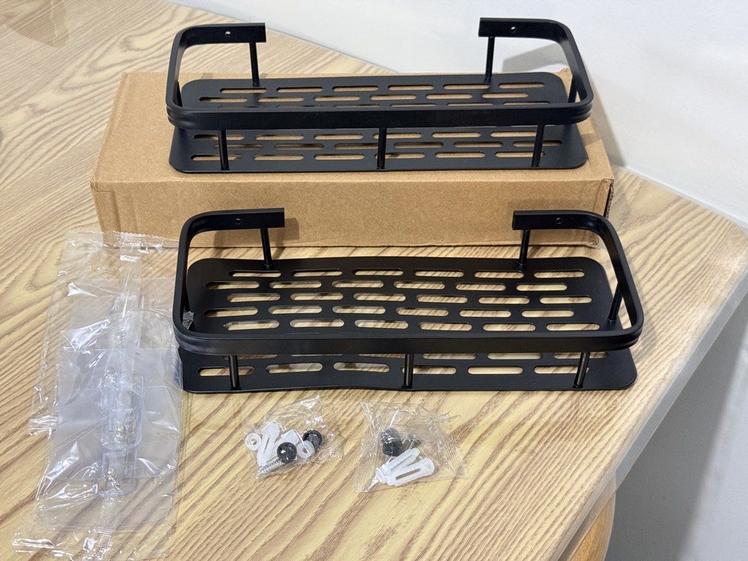 Black Wall Mounted Bathroom Storage Rack Shower Caddy (Category: Bathroom & Kitchen Fixtures) located in Tanza. Submitted by vibrant.joy (Listing ID 1468364961, Image 1). Description: - Brand new set of 2 black metal wall shelves - Dimensions: approx. 30cm x 13cm each - Made of durable, rust-resistant space aluminum - Perfect for bathroom organization and extra storage - 2 installation options: punch-free adhesive or traditional screws - Complete