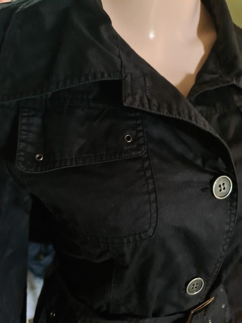 Blacl trenchcoat belt included (Category: Coats, Jackets and Outerwear) located in Angeles City. Submitted by milovewardrobe (Listing ID 1468436769, Image 3). Description: Upto 36 bust Upto 32 waist 34 length Flaw: konting faded sa loob ng kwelyo, but not visible pag nakasuot na ( see last pic).