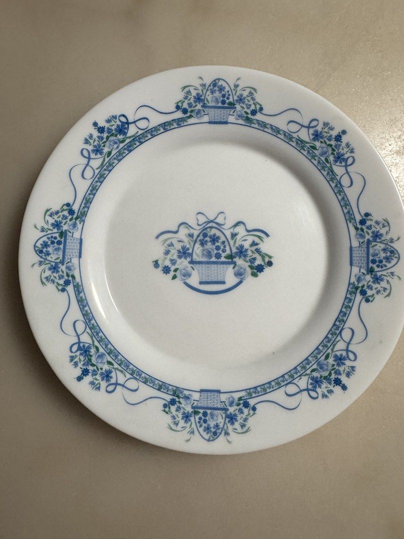 Bormioli Rocco Danubio Collection (Category: Dinnerware & Cutlery) located in Paranaque City. Submitted by tripleddd151025 (Listing ID 1468300331, Image 2). Description: 1 pc Pasta Big Bowl 4 pcs dinner plate 3 pcs breakfast plate 5 pcs serving bowl 8 pcs soup bowl 6 pcs cup and saucer - Matching white porcelain dinnerware set with blue floral basket and ribbon pattern - Includes dinner plates, soup bowls, small plates, cups, and saucers - Timele