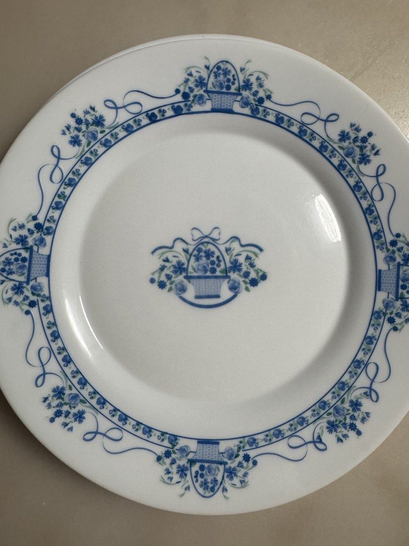 Bormioli Rocco Danubio Collection (Category: Dinnerware & Cutlery) located in Paranaque City. Submitted by tripleddd151025 (Listing ID 1468300331, Image 3). Description: 1 pc Pasta Big Bowl 4 pcs dinner plate 3 pcs breakfast plate 5 pcs serving bowl 8 pcs soup bowl 6 pcs cup and saucer - Matching white porcelain dinnerware set with blue floral basket and ribbon pattern - Includes dinner plates, soup bowls, small plates, cups, and saucers - Timele
