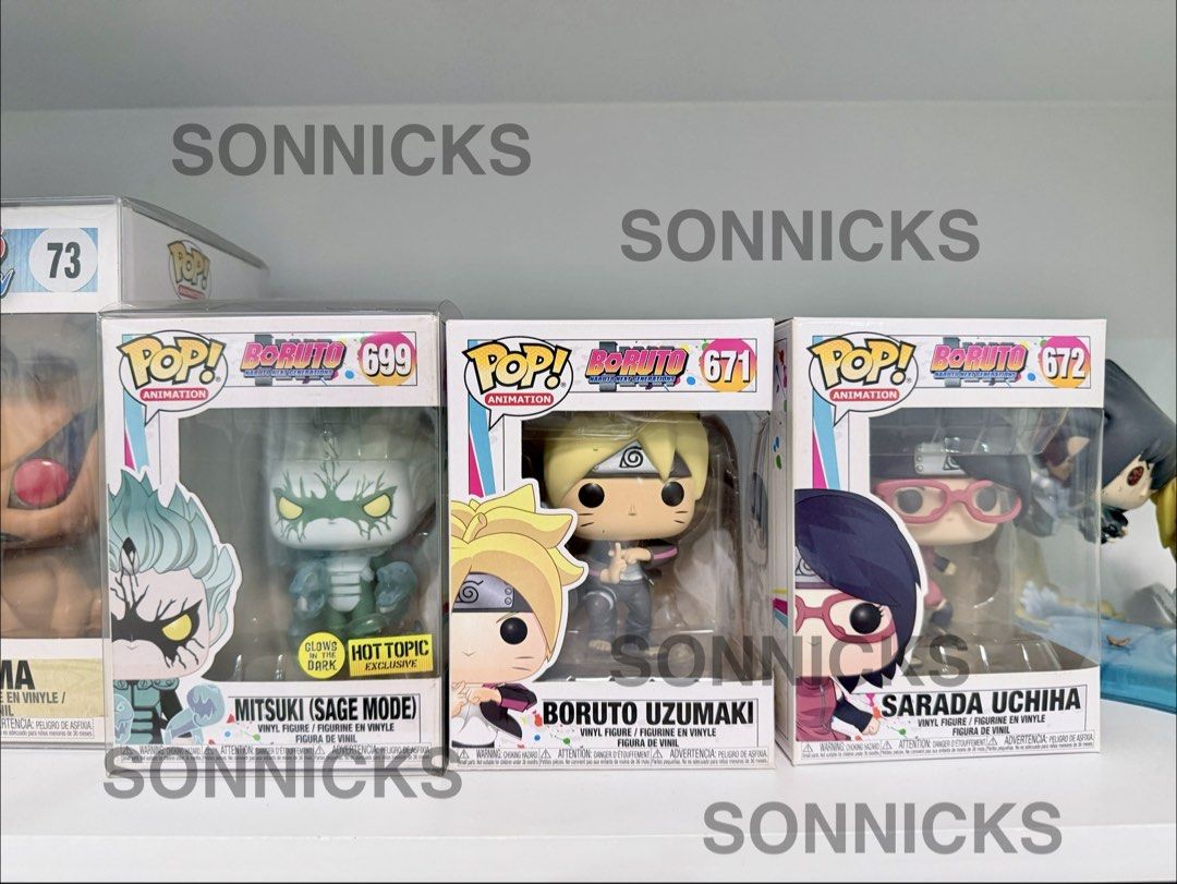 Boruto, mitsuki, sarada Funko Pop (Category: Action & Battle Toys) located in Quezon City. Submitted by happyquailegg (Listing ID 1468424505, Image 1). Description: Boruto Funko Pop Boruto Uzumaki 671 - ₱450 Mitsuki sage GITD Hot Topic 699- ₱1300 Sarada Uchiha 672- ₱450 All in 9/10 condition Free Dice/Boss Protector Location: Alta Vista Homes, Reparo Rd. Caloocan City Shipping: Lalamove or Grab MOP: BPI, Gcash or Maya.