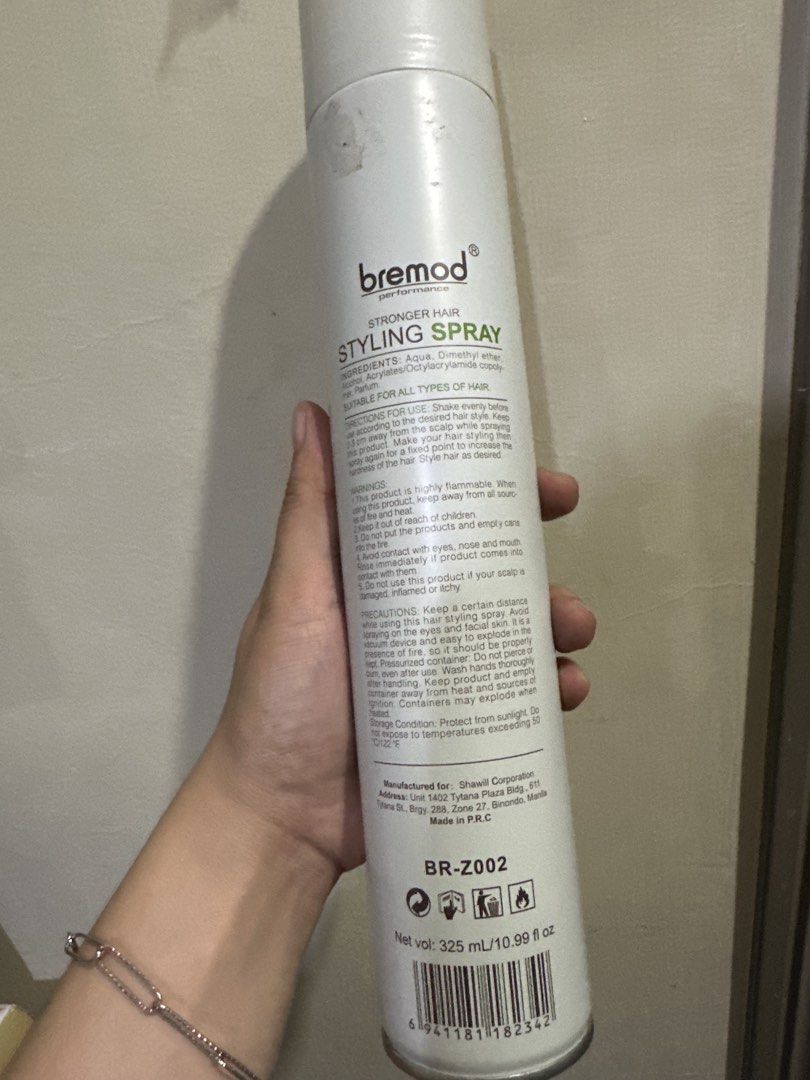 Bremod Performance Stronger Hair Styling Spray 325mL (Category: Hair) located in Manila. Submitted by youngforest.cfe98e (Listing ID 1468344663, Image 3). Description: - Product: Bremod Performance Styling Spray - Volume: 325ml - Condition: Brand new, never used, intact packaging - Hold: Strong hold with a natural finish for all hair types - Expiry Date: 2027/07/19 - Batch Code: 2024072005 - Manufacturer: Shawill Corporation.