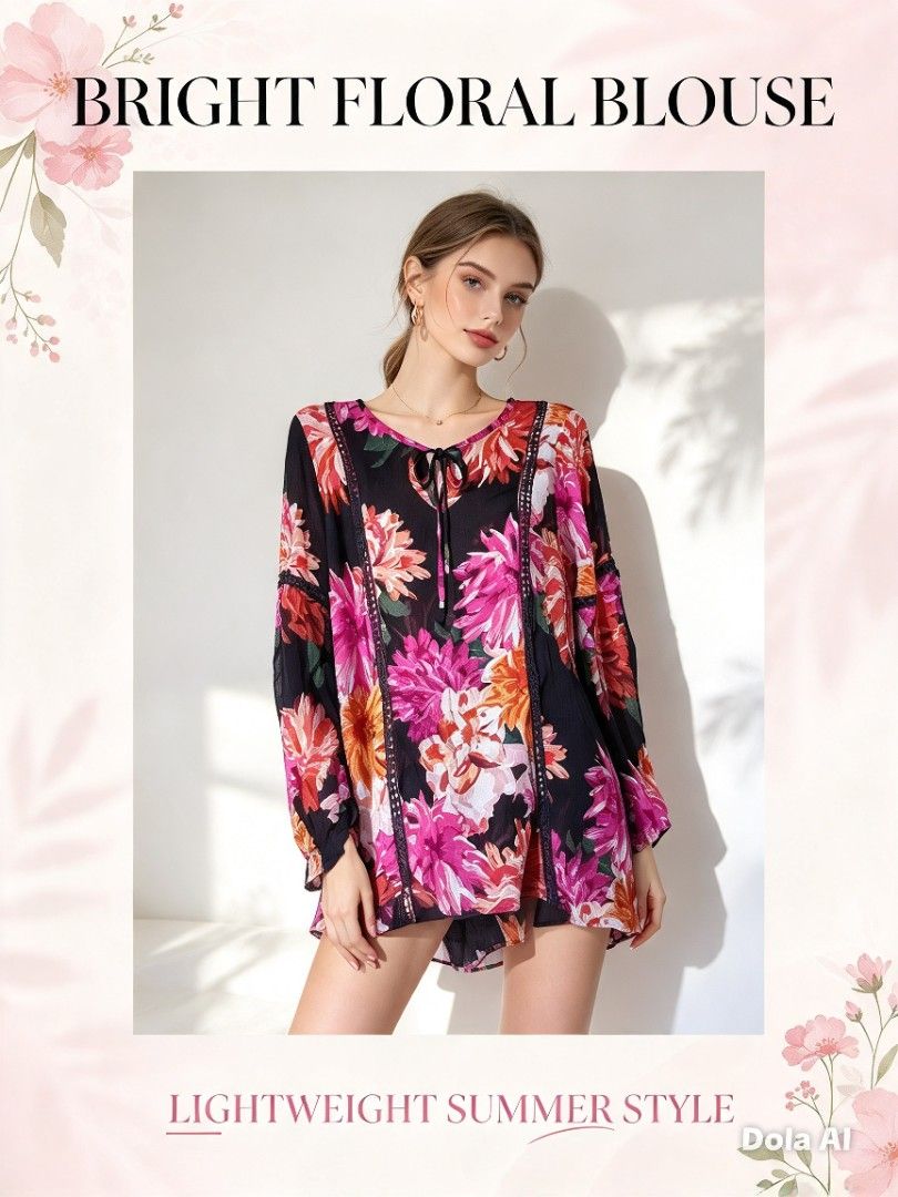 Bright Floral Blouse Lightweight Summer Style (Category: Blouses) located in Manila. Submitted by f.s_prelov3d (Listing ID 1468351837, Image 1). Description: - Color: Black base with vibrant pink, orange, and white floral print - Fit: Loose, flowy, and lightweight - Sleeves: Long sleeves - Details: Front tie closure with tassels, delicate lace trim along the front panel and shoulders - Perfect for: Casual wear, brunch dates, or effortless everyda