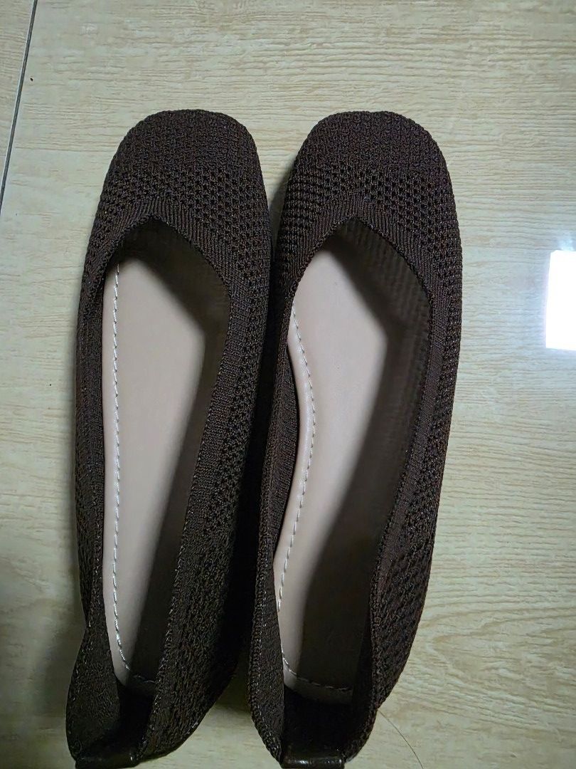Brown Knit Square Toe Flat Shoes (Category: Flats & Sandals) located in Makati City. Submitted by shopdoc (Listing ID 1468394122, Image 1). Description: - Color: Dark brown with beige inner sole - Style: Slip-on knit flats with square toes - Comfort: Super flexible and breathable mesh design - Features: Neat stitching and reinforced heel tab - Condition: Like new, perfect for daily wear.
